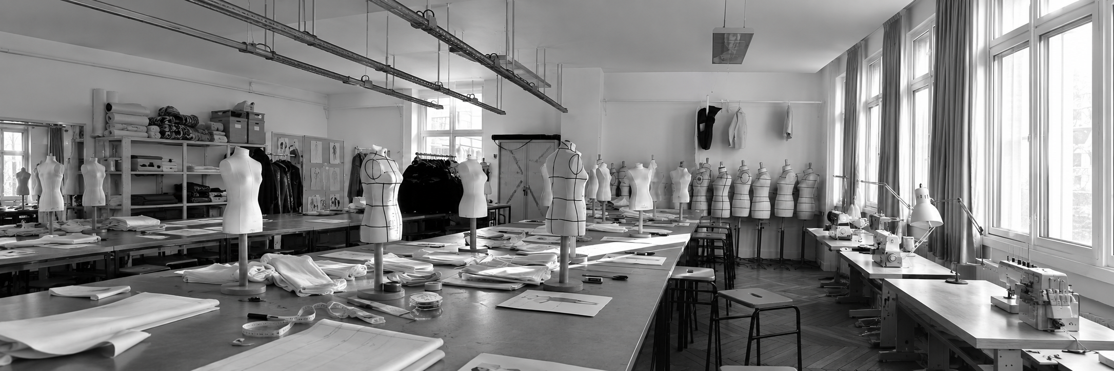 Fashion workshop with dress forms, cutting tables, and sewing machines